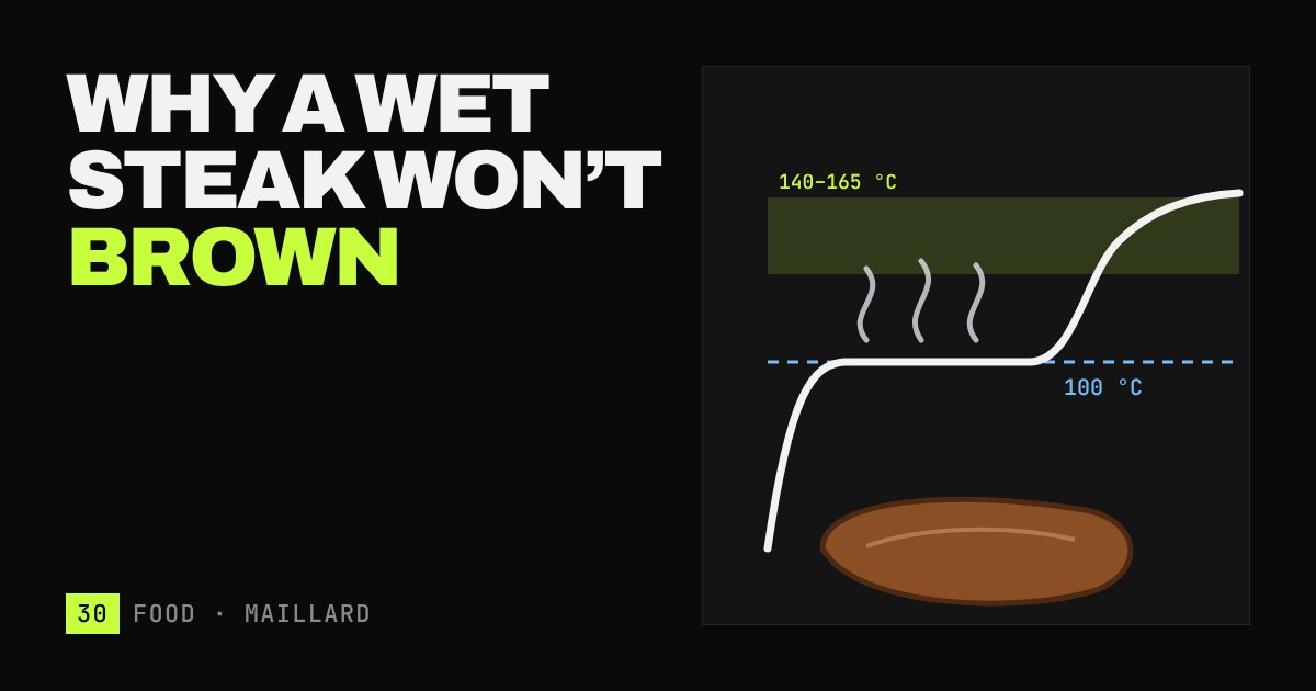 A temperature curve that flattens at 100 °C while water boils, then climbs into the browning zone, above a steak and rising steam