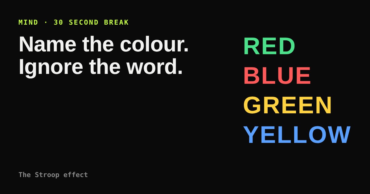 The words red, blue, green and yellow, each printed in a different colour from its meaning